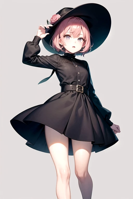 Anime girl with short pink hair, black and white dress and hat


