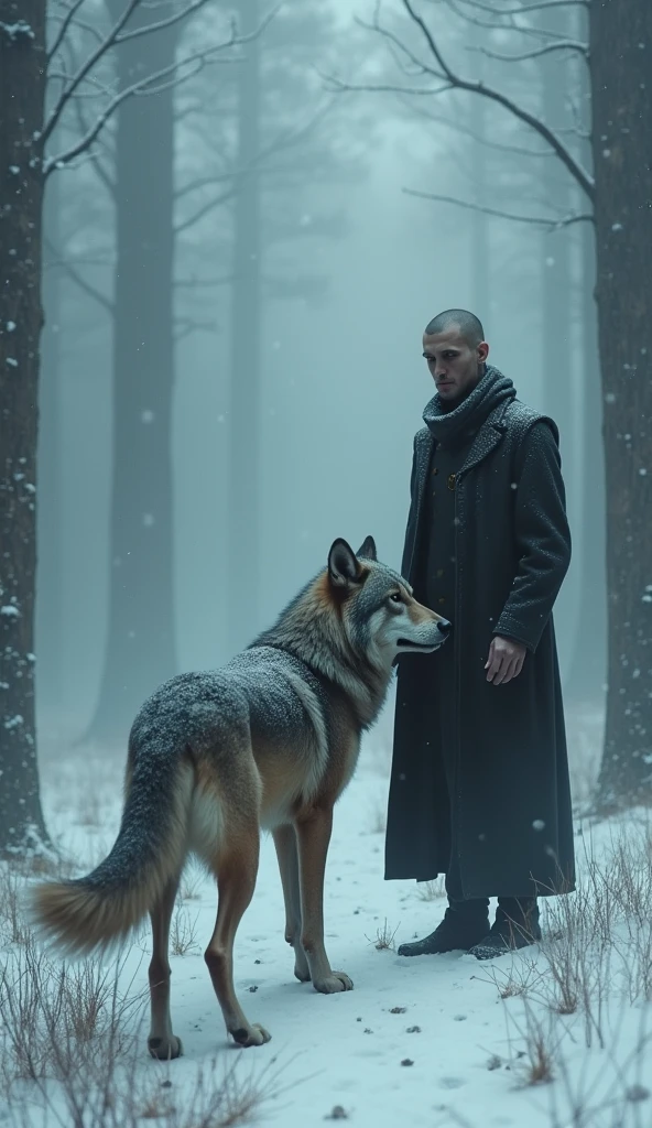 A man about 2, tall and of medium build, with his thin face and barely marked features. Next to the man, There is an imposing wolf with its grayish brown fur. background, There is a forest covered in fog in a snowstorm.
