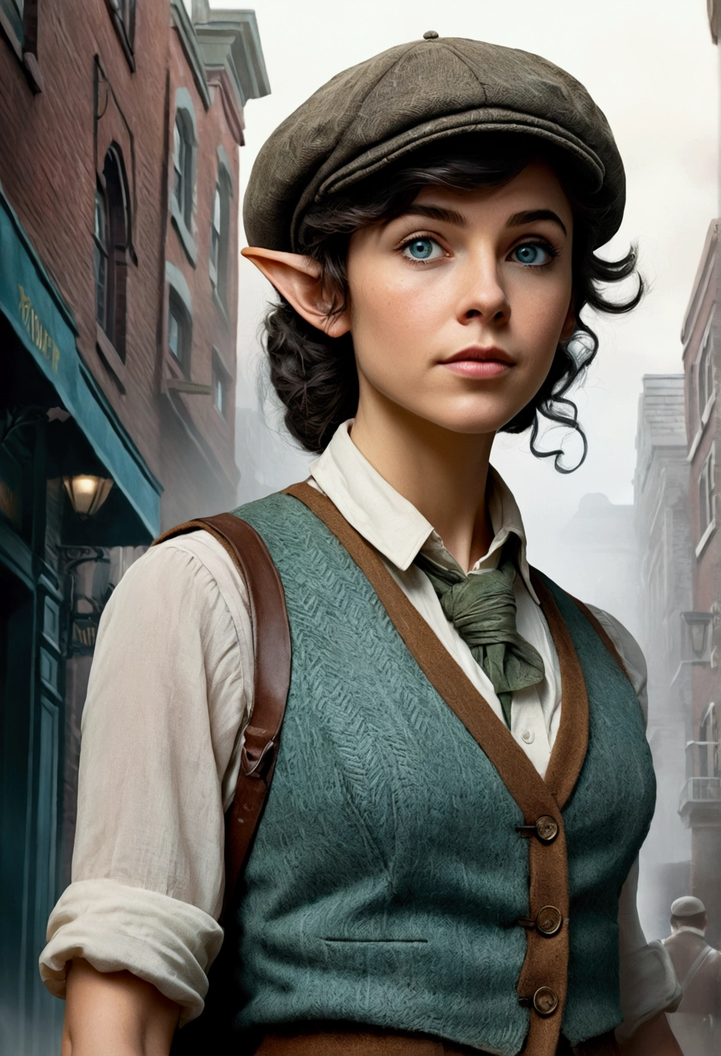An illustrated movie poster, hand-drawn, full color, an elven maiden, wearing a tweed vest and a newsie cap, tall, toned, amazonian stature, athletic hourglass figure, long pointy elf ears, cyan eyes, dark hair, shaggy bob cut, deep sun-tanned skintone, freckles, standing on a foggy Victorian-era street corner, graphite shading, stencil marks, airbrushed acrylic paint, masterpiece, in the style of Sherlock Holmes, elf ears