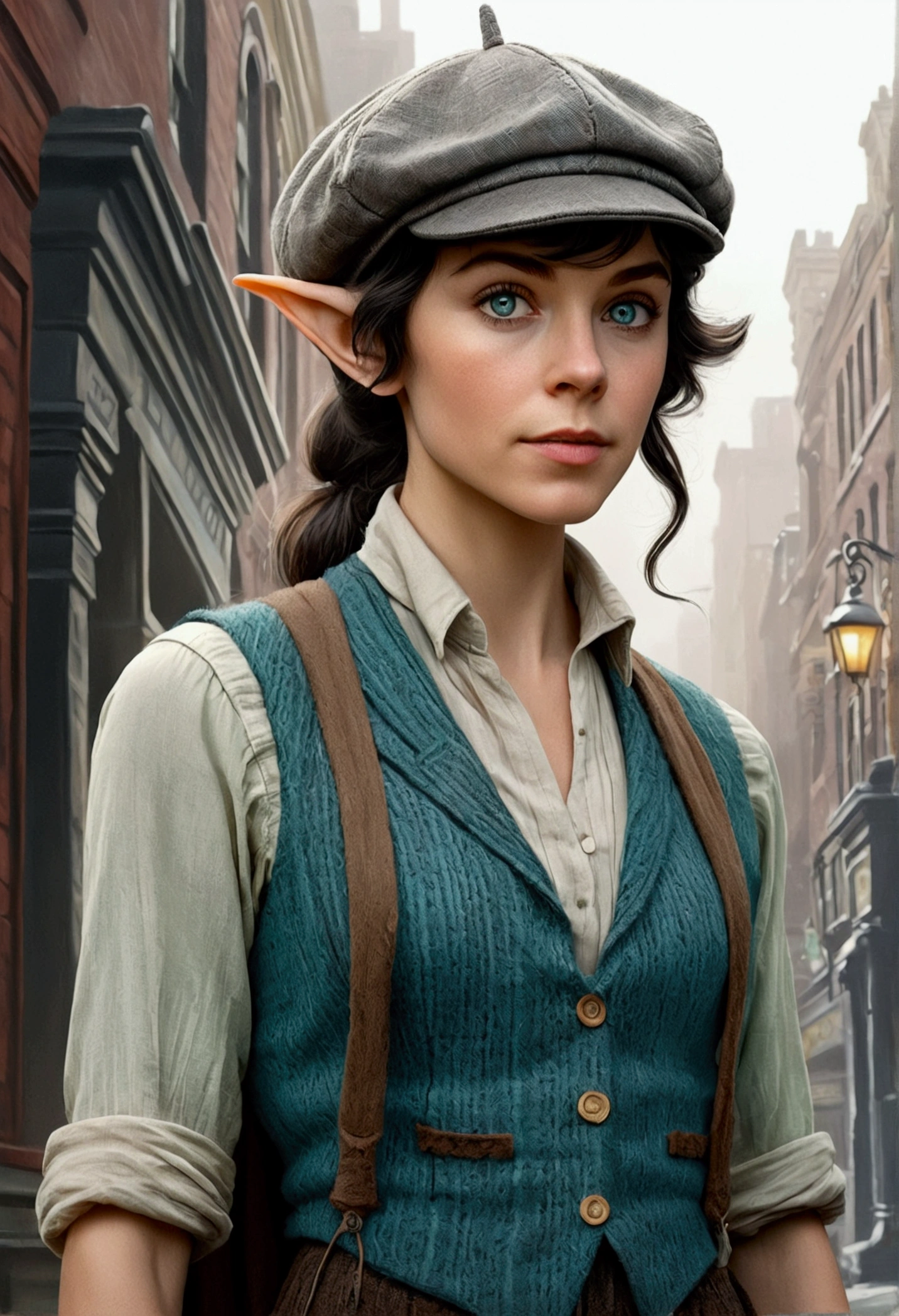 An illustrated movie poster, hand-drawn, full color, an elven maiden, wearing a tweed vest and a newsie cap, tall, toned, amazonian stature, athletic hourglass figure, long pointy elf ears, cyan eyes, dark hair, shaggy bob cut, deep sun-tanned skintone, freckles, standing on a foggy Victorian-era street corner, graphite shading, stencil marks, airbrushed acrylic paint, masterpiece, in the style of Sherlock Holmes, elf ears