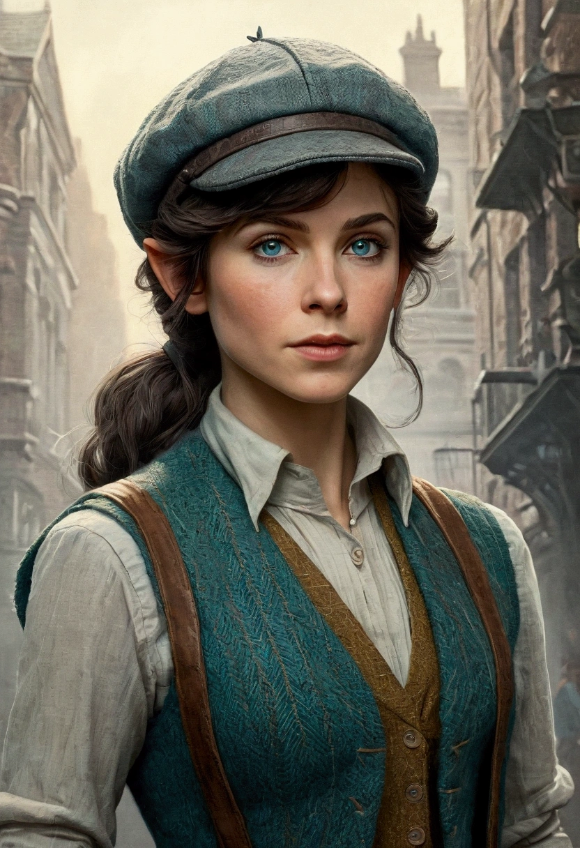 An illustrated movie poster, hand-drawn, full color, an elven maiden, wearing a tweed vest and a newsie cap, tall, toned, amazonian stature, athletic hourglass figure, long pointy elf ears, cyan eyes, dark hair, shaggy bob cut, deep sun-tanned skintone, freckles, standing on a foggy Victorian-era street corner, graphite shading, stencil marks, airbrushed acrylic paint, masterpiece, in the style of Sherlock Holmes, elf ears