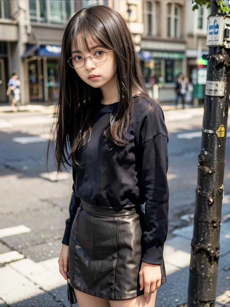 Photo of a beautiful woman standing on a street corner, (masterpiece:1.2, highest quality), (Realistic, photoRealistic:1.4), Beautiful illustrations, (Natural Side Lighting, Cinema Lighting), Written boundary depth, Beautiful thighs staring at the viewer, (((Face Focus, Upper Body))), 1 female, 30-year-old, alone, thin, slender, small breasts!!!, short hair, straight hair, Forehead, thin, slender, (((glasses))), long sleeve T-shirt, Skinny skirt, Are standing, New York 25th Street, portrait