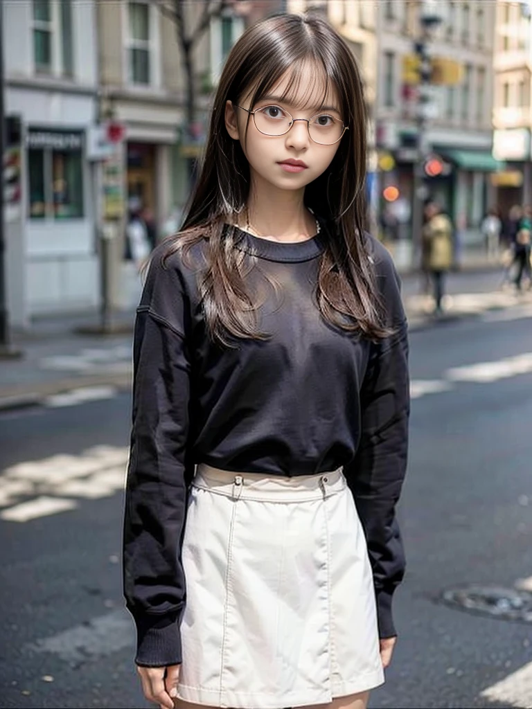 Photo of a beautiful woman standing on a street corner, (masterpiece:1.2, highest quality), (Realistic, photoRealistic:1.4), Beautiful illustrations, (Natural Side Lighting, Cinema Lighting), Written boundary depth, Beautiful thighs staring at the viewer, (((Face Focus, Upper Body))), 1 female, 30-year-old, alone, thin, slender, small breasts!!!, short hair, straight hair, Forehead, thin, slender, (((glasses))), long sleeve T-shirt, Skinny skirt, Are standing, New York 25th Street, portrait