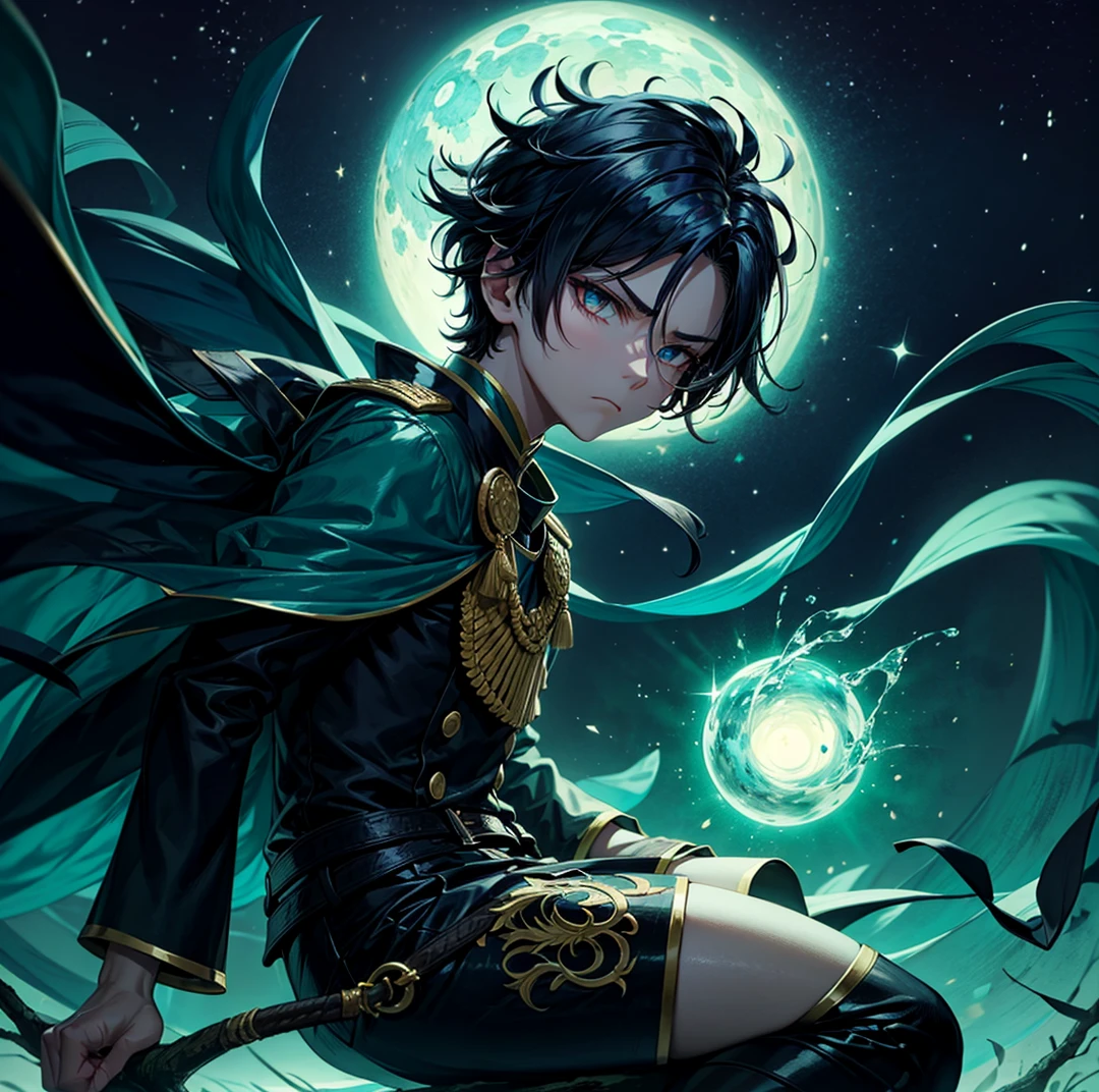 Hashira OC from "Demon Slayer", 1, 5'7" tall, sharp and youthful features, piercing deep-set dark eyes, gaze exuding authority and calm intensity, hair is jet-black, short, and tussled, with a few strands falling over his forehead, stoic and detached expression, almost emotionless, subtle, underlying fierceness in his gaze, wears a classic Demon Slayer Corps uniform, sleeveless and slightly more fitted, also wears a haori over the uniform: dark blue, depicting a starry night sky, flows gracefully in the wind, sitting perched on a high tree branch, one knee bent as he looks down, ready to leap into action, perfect male anatomy, youthful appearance, anime OC, Demon Slayer OC