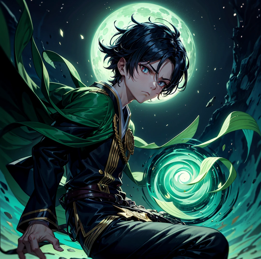 Hashira OC from "Demon Slayer", 1, 5'7" tall, sharp and youthful features, piercing deep-set dark eyes, gaze exuding authority and calm intensity, hair is jet-black, short, and tussled, with a few strands falling over his forehead, stoic and detached expression, almost emotionless, subtle, underlying fierceness in his gaze, wears a classic Demon Slayer Corps uniform, sleeveless and slightly more fitted, also wears a haori over the uniform: dark blue, depicting a starry night sky, flows gracefully in the wind, sitting perched on a high tree branch, one knee bent as he looks down, ready to leap into action, perfect male anatomy, youthful appearance, anime OC, Demon Slayer OC