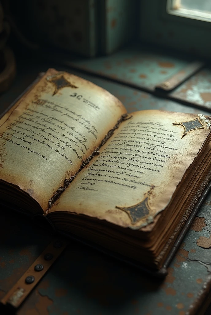 An open old diary, with worn pages and disturbing manuscripts. with symbols that suggest something sinister.