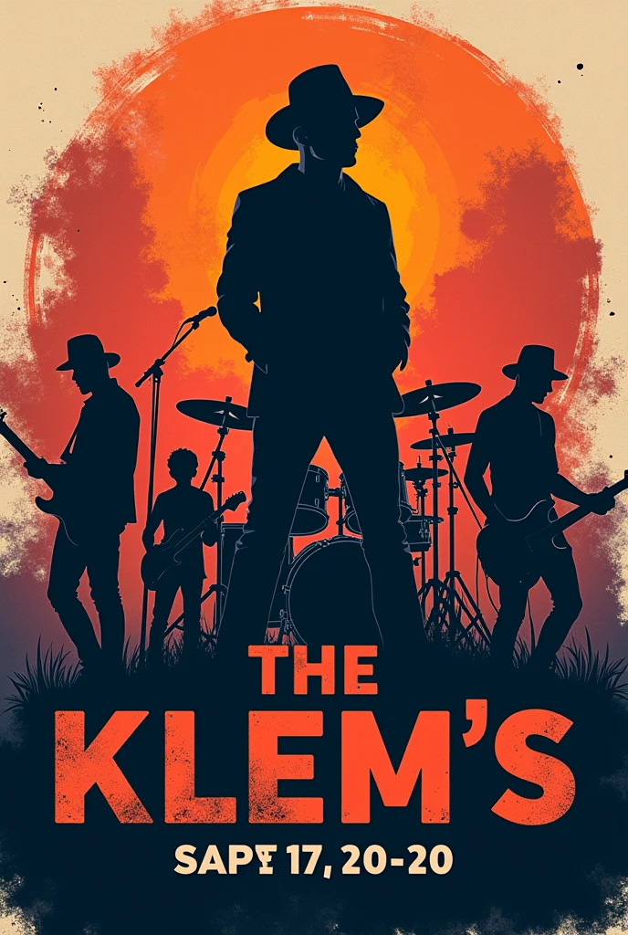 Créer une affiche moderne pour un concert d’un chanteur qui porte un chapeau, un batteur, un petit bassiste, deux guitaristes. dans un style rock avec faux personnages en ombres. pour le band « The Klem’s ». Avec écrit dessus : Date le 06/09/24 à 20h au café du passage Carnot à Pau.