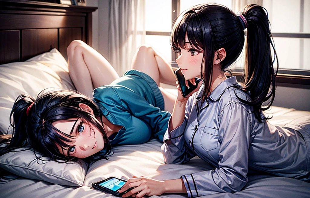 A black haired woman with a ponytail and pajamas lying on the bed talking with a cell phone in her hand smiling