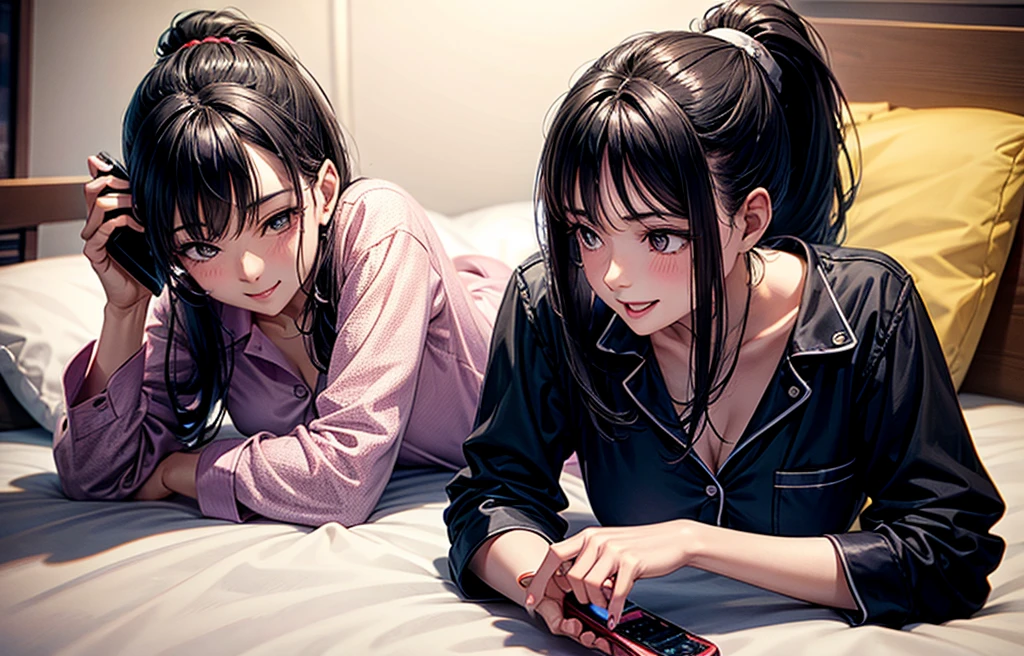 A black haired woman with a ponytail and pajamas lying on the bed talking with a cell phone in her hand smiling