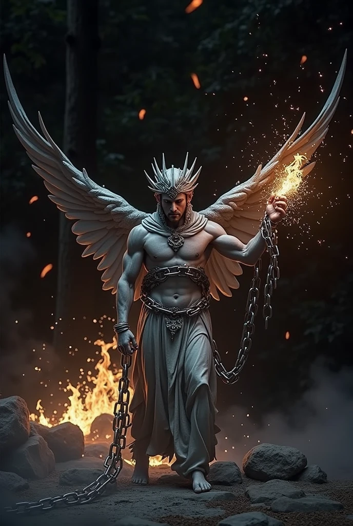 Lucifer chained for sharing the fire of knowledge to humanity, trying to tear off the chains that come out from inside his body, realism, foto realism, hiper realism, great quality, high quality, High Definition, masterpiece, perfection, cinematic quality.