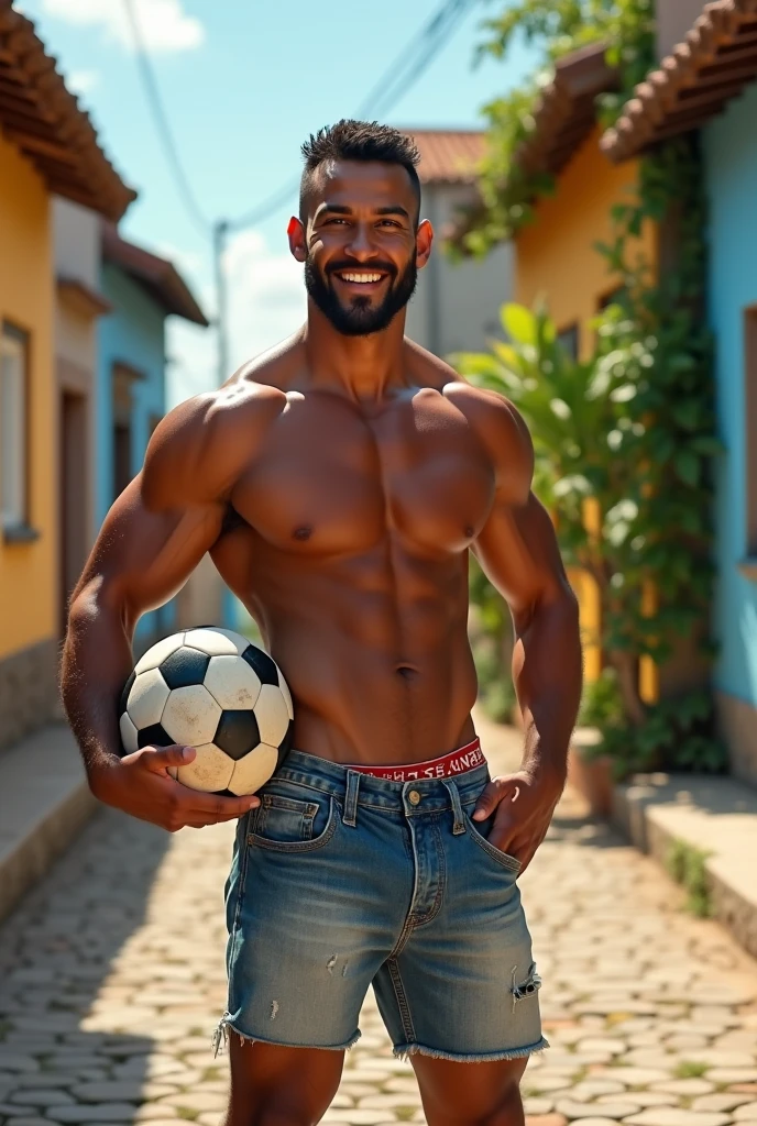 A sexy 40-year-old Brazilian man, who stands tall and proud with his sculpted muscular physique on full display. He is shirtless, revealing a tapestry of rippling abs and broad, sun-kissed shoulders that tapering down to a tight waist. His skin glistens with a light sheen of sweat, hinting at his recent exertion or the tropical climate of the quaint village that surrounds him. The village is a picturesque backdrop with its rustic cobblestone streets, brightly colored stucco buildings, and lush greenery that seems to embrace the scene with a warm, welcoming embrace. The man's short, well-groomed hair and clean-shaven face accentuate his strong jawline and piercing dark eyes, which are filled with a playful yet mysterious allure. He wears a pair of low-slung faded denim shorts that sit comfortably on his hips, and his bare feet are planted firmly on the ground, suggesting a connection to the earth and the simplicity of village life. Despite his urban-inspired physique, there's an undeniable ease in his posture that blends with the laid-back charm of the setting. The man holds a soccer ball under his arm, hinting at a moment of respite from an impromptu game with the local children, whose laughter echoes in the background. His smile is warm and inviting, and the overall vibe of the image is one of casual confidence and undeniable sex appeal, perfectly encapsulating the essence of a hot, muscular, and youthful spirit found in the heart of a vibrant Brazilian community.