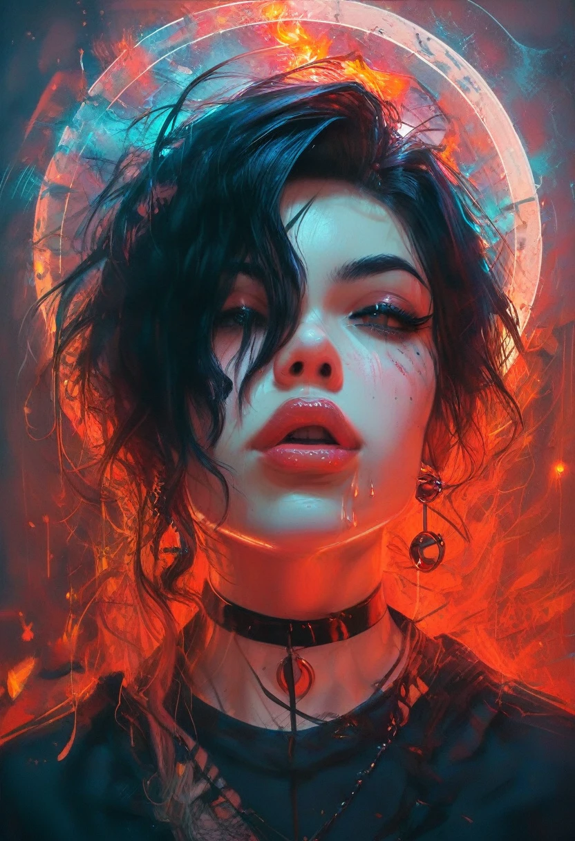 A character with an imposing and energetic appearance, wrapped in intense flames of vibrant colors ranging from orange to purple, creating a feeling of overwhelming power. His hair is white and messy, contrasting with a black mask covering his eyes, giving it an enigmatic and dangerous air. The character wears a dark tunic tied with a ribbon., while his body seems to emanate a fiery energy that distorts into chaotic patterns around him. The lines of fire and energy blend with your figure, highlighting his control over immense forces. The art style is colorful and dynamic, with thick strokes and fluid movements that convey a sense of action and supernatural power