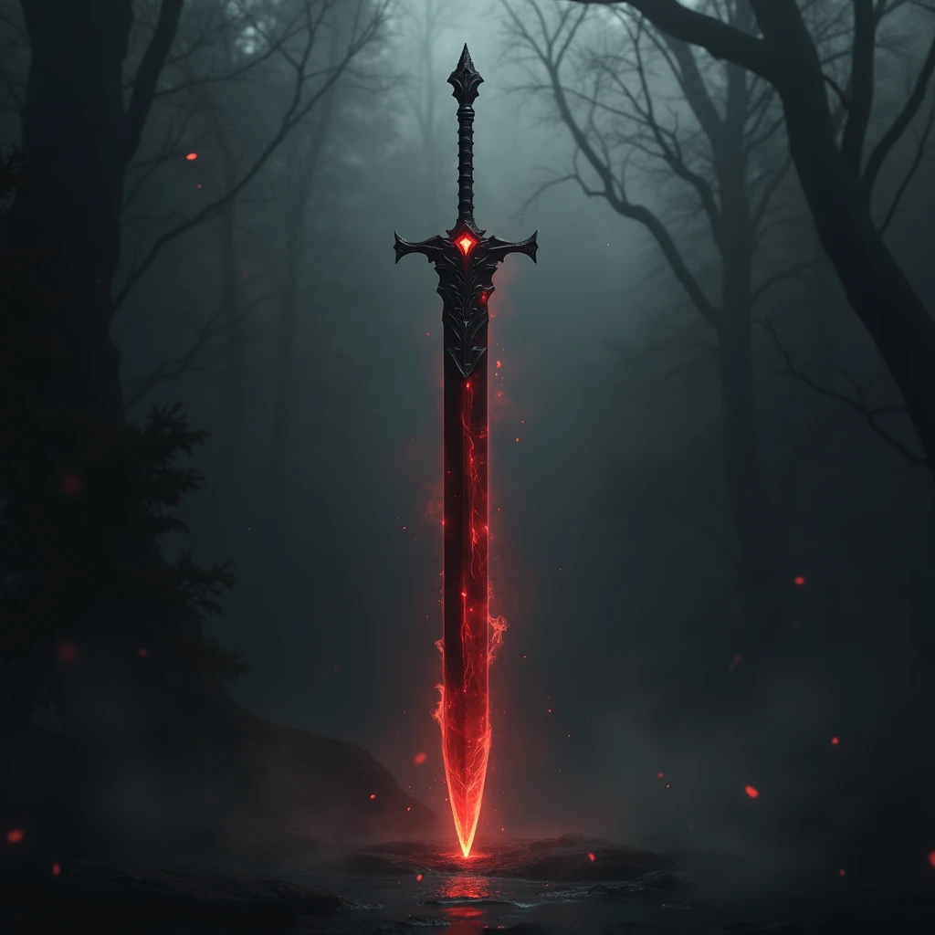 hyperrealistic, a long sword with the black obsidian blade, the red tip from the burning heat it gives off, floating in the air, black shadow swirling around the sword