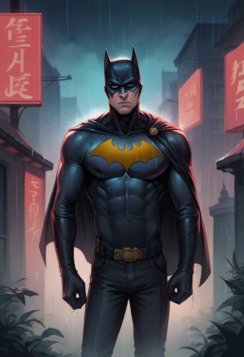Batman stands on top of a building at night and the rain is falling on him and he is sad and written in front of him in light in the sky where are you. Realistic 4k