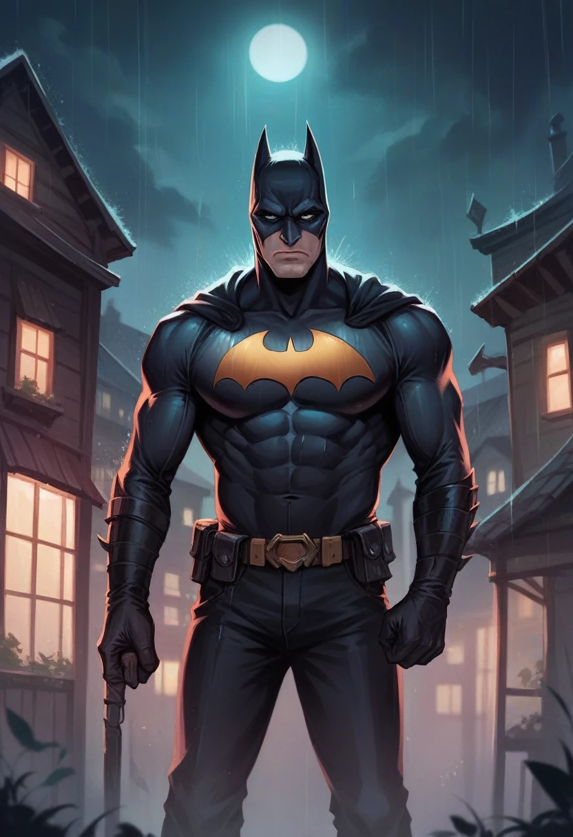Batman stands on top of a building at night and the rain is falling on him and he is sad and written in front of him in light in the sky where are you. Realistic 4k