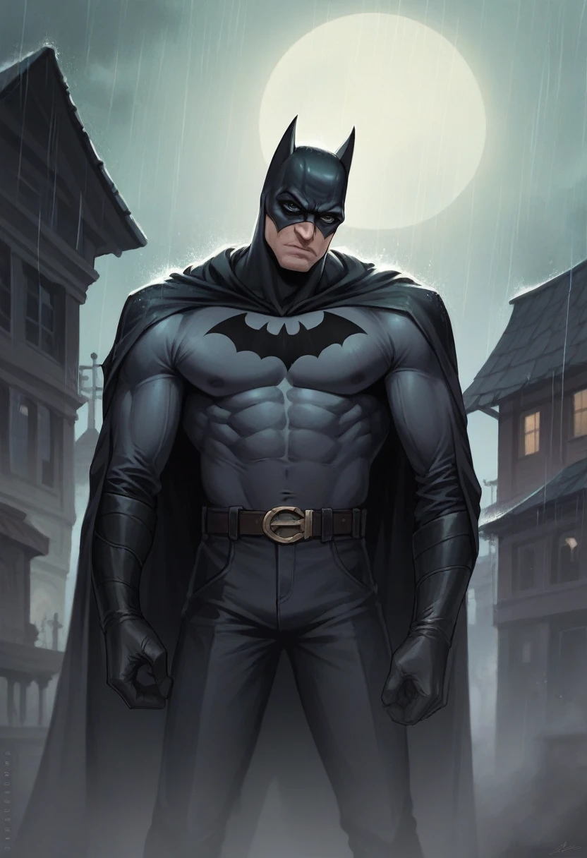 Batman stands on top of a building at night and the rain is falling on him and he is sad and written in front of him in light in the sky where are you. Realistic 4k
