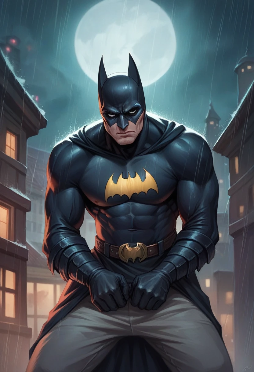 Batman stands on top of a building at night and the rain is falling on him and he is sad and written in front of him in light in the sky where are you. Realistic 4k