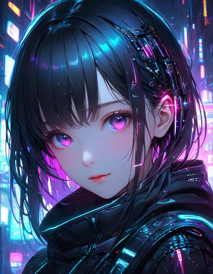 close face anime girl in cyberpunk universe 4k hd ultra grapics neon lighst ambiants