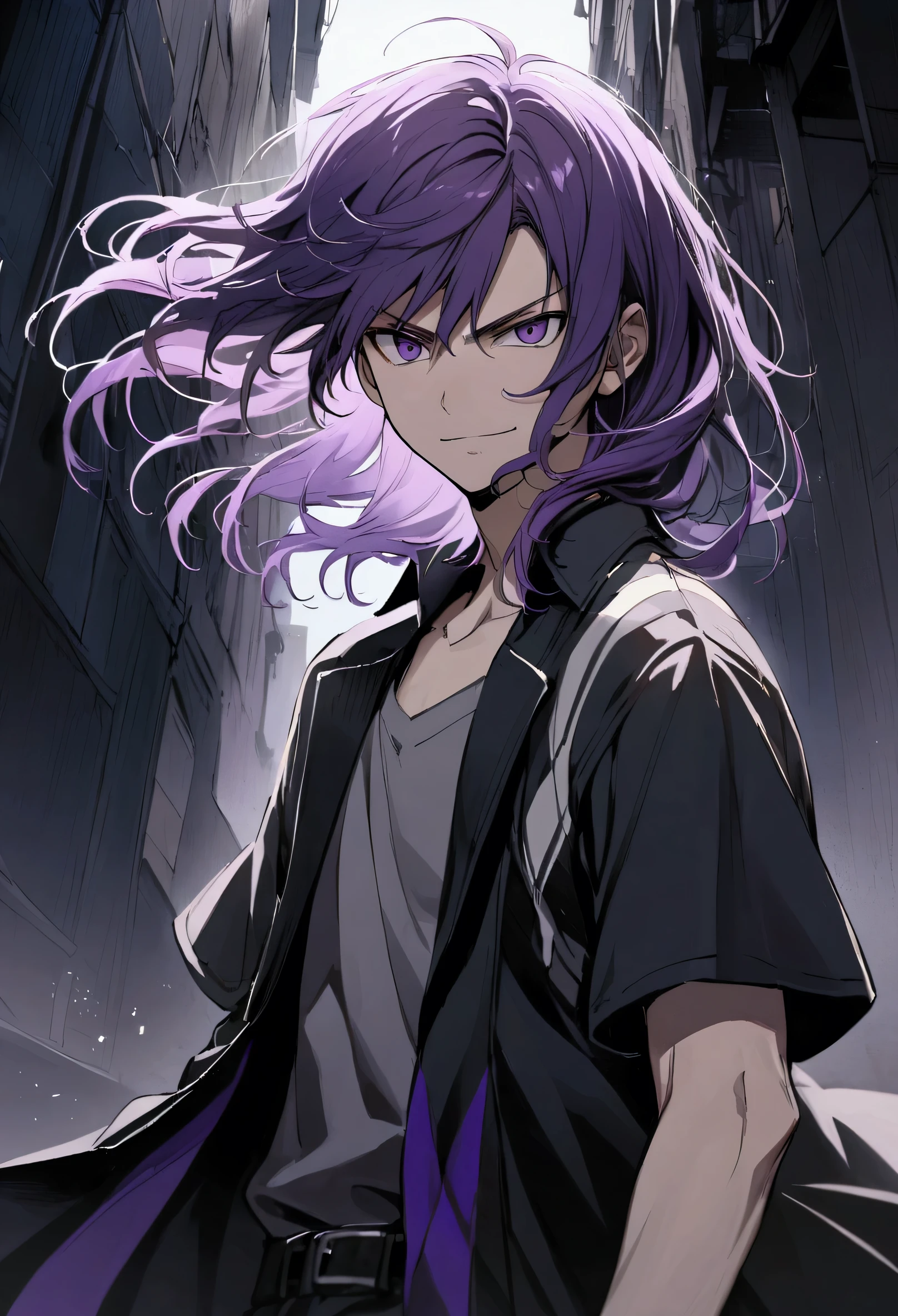 teenage boy, tidy hair, medium length hair, multicolored black and purple hair, middle stripe, dark purple eyes, serious face, simple smile, gray shirt, loose black short sleeve overcoat.
