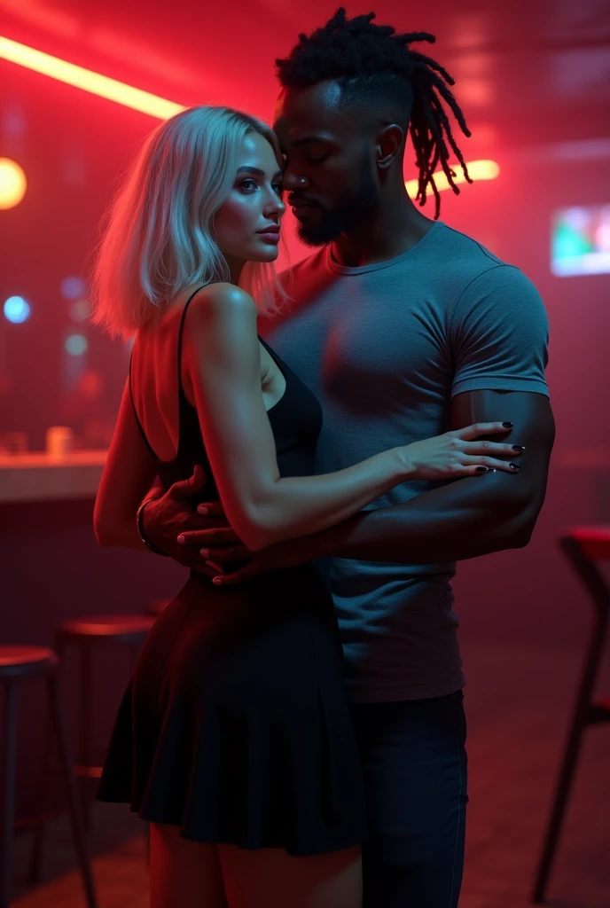 (Photorealsitic:1.4), (masterpiece:1.3), (top-quality:1.4), ((ultrarealistic)), HD 8k,  (Sharp focus: 1.2), (Focus on the face:1.4), 
well proportioned full body of 
Claire ((shy innocent and little 24 years woman) and 
Tyron ((big over muscular ) and dominant black man 30 years ),
Claire with bright expression, (extremely beautiful: 1.2), amazing beautiful, extraordinary beautiful, Detailed cute femenine and beautiful face, Detailed facial features ,Perfect Style, Beautiful Face, Anatomically correct, Highly detailed face and skin texture,  Natural Cheeks, Glowing white skin, Fair skin: 1.3, (Glossy Lips: 1.4), Attractive light and dark platinum blonde short straight silky hainer hair, Attractive glowing beautiful bright clear light blue big naive  eyes, double eyelids, fine little sensual nose, femenine little mouth with big full red pucky lips, thin chin,  freckles, narrow long neck, femenine narrow shoulders, detailed eyes and face, long eyelashes, elegant lady, graceful sexy pose, Glowing white shiny skin, subtle makeup, extremely  beautyful tonned  legs, extremely nice perky ass, narrow waist, defined and toned belly. sexy hips,, full Lush bust, 
Tyron is a dangerous man, handsome and extremely masculine, (strong and muscular legs chest and arms), wide shoulders, powerful jaw, detailed medium dreadlocks, (clean face without beard: 1.1), 
(cozy night dance club ), [background], 
alternative vibe,vibrant lighting, high contrast,dramatic shadows,highly detailed,detailed skin,depth of field,dynamic angle, 
Claire is wearing a ((knee length) black elegant dress) matching detailed hig heels, 
Tyron is wearing a gray lycra tight t-shirt showing his muscles,
(Claire  is dancing, Tyron behind her holding her waist and people around, Claire looking at viewer and Tyron at her back  looking her hips: 1.2),
full body view, desire look, (complete full body view: 1.0) , detailed skin, detailed lips.