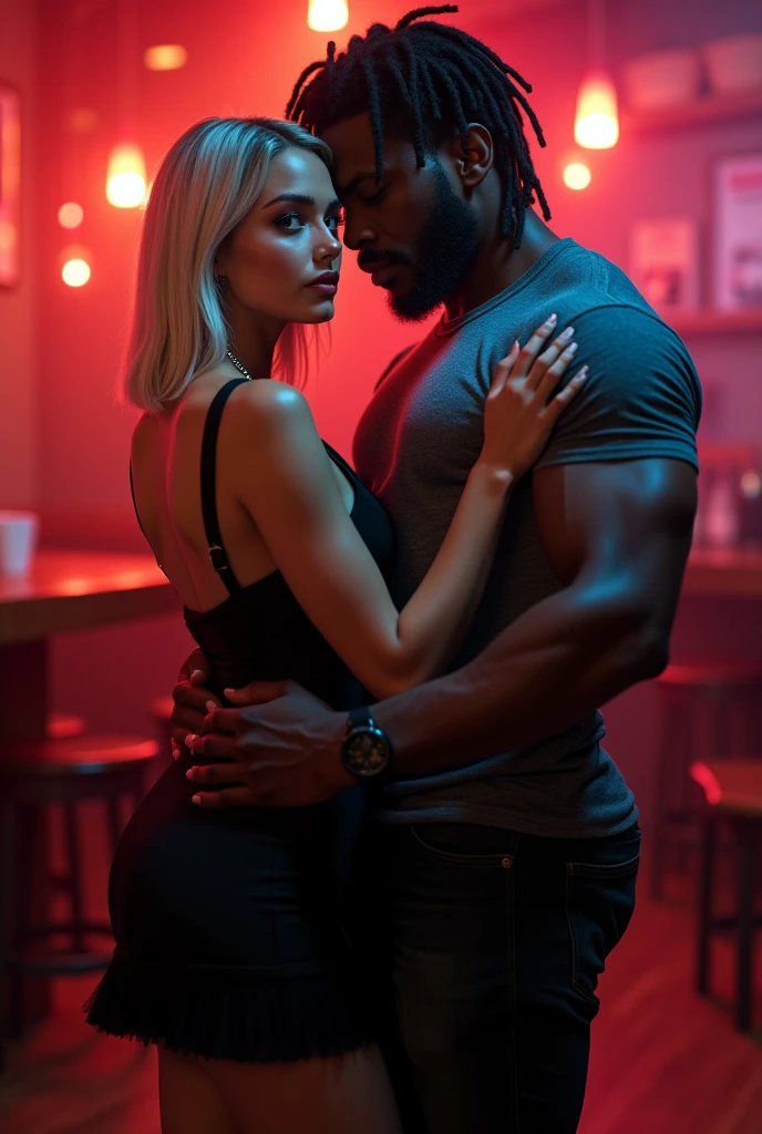 (Photorealsitic:1.4), (masterpiece:1.3), (top-quality:1.4), ((ultrarealistic)), HD 8k,  (Sharp focus: 1.2), (Focus on the face:1.4), 
well proportioned full body of 
Claire ((shy innocent and little 24 years woman) and 
Tyron ((big over muscular ) and dominant black man 30 years ),
Claire with bright expression, (extremely beautiful: 1.2), amazing beautiful, extraordinary beautiful, Detailed cute femenine and beautiful face, Detailed facial features ,Perfect Style, Beautiful Face, Anatomically correct, Highly detailed face and skin texture,  Natural Cheeks, Glowing white skin, Fair skin: 1.3, (Glossy Lips: 1.4), Attractive light and dark platinum blonde short straight silky hainer hair, Attractive glowing beautiful bright clear light blue big naive  eyes, double eyelids, fine little sensual nose, femenine little mouth with big full red pucky lips, thin chin,  freckles, narrow long neck, femenine narrow shoulders, detailed eyes and face, long eyelashes, elegant lady, graceful sexy pose, Glowing white shiny skin, subtle makeup, extremely  beautyful tonned  legs, extremely nice perky ass, narrow waist, defined and toned belly. sexy hips,, full Lush bust, 
Tyron is a dangerous man, handsome and extremely masculine, (strong and muscular legs chest and arms), wide shoulders, powerful jaw, detailed medium dreadlocks, (clean face without beard: 1.1), 
(cozy night dance club ), [background], 
alternative vibe,vibrant lighting, high contrast,dramatic shadows,highly detailed,detailed skin,depth of field,dynamic angle, 
Claire is wearing a ((knee length) black elegant dress) matching detailed hig heels, 
Tyron is wearing a gray lycra tight t-shirt showing his muscles,
(Claire  is dancing, Tyron behind her holding her waist and people around, Claire looking at viewer and Tyron at her back  looking her hips: 1.2),
full body view, desire look, (complete full body view: 1.0) , detailed skin, detailed lips.