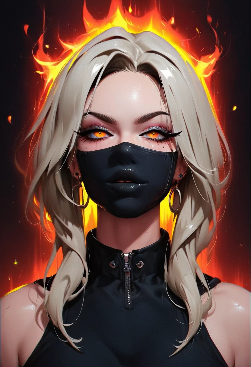 A character with an imposing and energetic appearance, wrapped in intense flames of vibrant colors ranging from orange to purple, creating a feeling of overwhelming power. His hair is white and messy, contrasting with a black mask covering his eyes, giving it an enigmatic and dangerous air. The character wears a dark tunic tied with a ribbon., while his body seems to emanate a fiery energy that distorts into chaotic patterns around him. The lines of fire and energy blend with your figure, highlighting his control over immense forces. The art style is colorful and dynamic, with thick strokes and fluid movements that convey a sense of action and supernatural power
