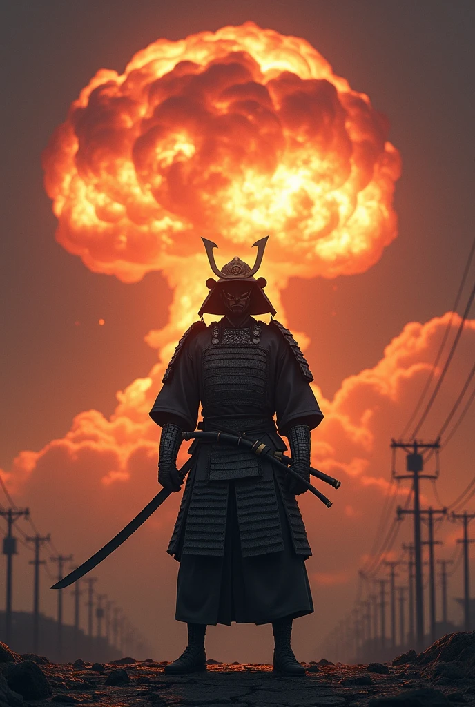 A single Japanese samurai in full traditional armor, standing against a dramatic backdrop of a nuclear explosion. The samurai holds a katana, and his armor is detailed with intricate patterns and dark colors. The explosion in the background creates a massive mushroom cloud, casting an intense glow over the scene. The sky is filled with dark, billowing clouds, and the ground beneath the samurai is slightly cracked, emphasizing the destructive power of the explosion. The overall mood is tense, with a strong contrast between the ancient warrior and the modern devastation.