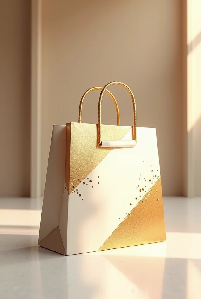 Create an image post of a gleaming shopping bag in golden, white and beige tones, symbolizing luxury, craftsmanship and innovation. The shoping bag should be prominently featured against a minimalistic background, conveying a sense of anticipation and excitement. Include subtle hints of a shop or storefront in the background to suggest that we will soon be opening a store. Overall, the image should evoke a feeling of quality and readiness, inviting our audience to look forward to our upcoming launch