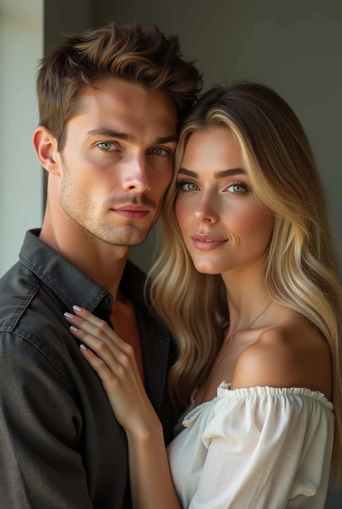 (Photorealism:1.1) a couple man brown hair and brown eyes together with a woman blonde green eyes long hair 8k ultra realistic super detailed