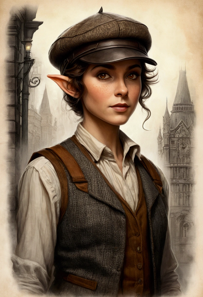 An illustrated movie poster, hand-drawn, full color, an elven maiden, wearing a tweed vest and a newsie cap, tall, toned, amazonian stature, athletic hourglass figure, long pointy elf ears, amber eyes, dark hair, shaggy bob cut, deep sun-tanned skintone, freckles, standing on a foggy Victorian-era street corner, graphite shading, stencil marks, airbrushed acrylic paint, masterpiece, in the style of Sherlock Holmes, elf ears