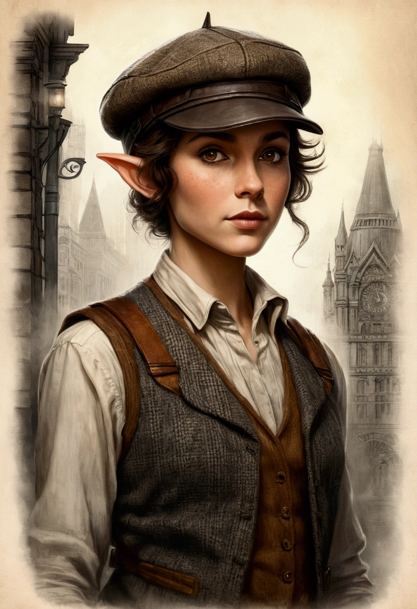 An illustrated movie poster, hand-drawn, full color, an elven maiden, wearing a tweed vest and a newsie cap, tall, toned, amazonian stature, athletic hourglass figure, long pointy elf ears, amber eyes, dark hair, shaggy bob cut, deep sun-tanned skintone, freckles, standing on a foggy Victorian-era street corner, graphite shading, stencil marks, airbrushed acrylic paint, masterpiece, in the style of Sherlock Holmes, elf ears