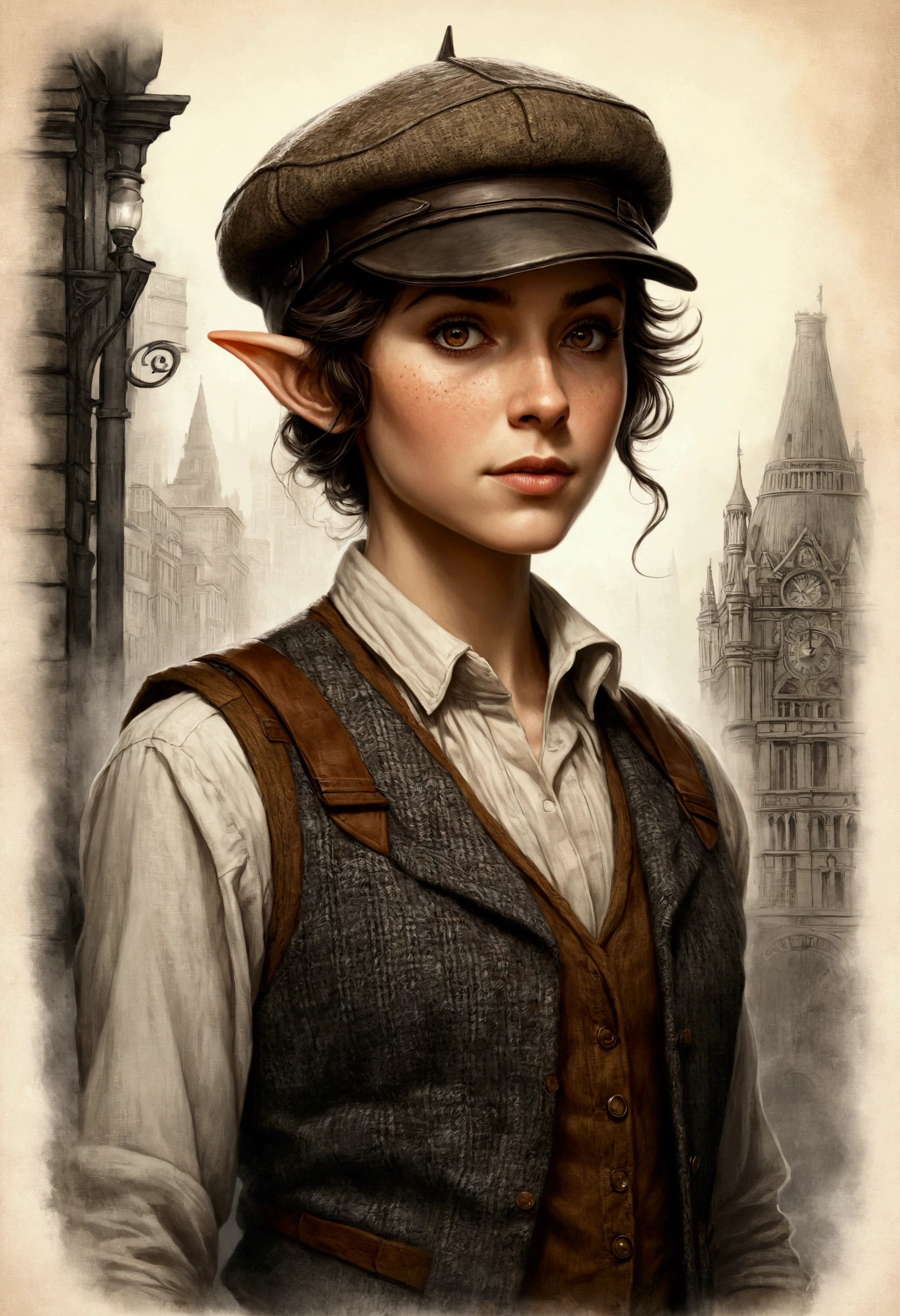 An illustrated movie poster, hand-drawn, full color, an elven maiden, wearing a tweed vest and a newsie cap, tall, toned, amazonian stature, athletic hourglass figure, long pointy elf ears, amber eyes, dark hair, shaggy bob cut, deep sun-tanned skintone, freckles, standing on a foggy Victorian-era street corner, graphite shading, stencil marks, airbrushed acrylic paint, masterpiece, in the style of Sherlock Holmes, elf ears