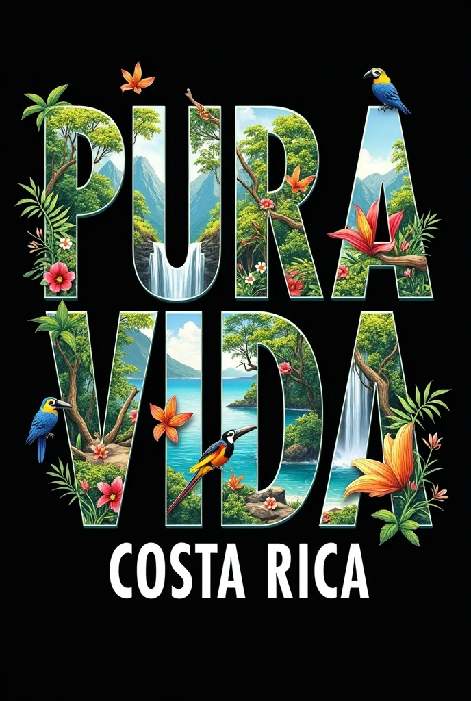 Image to print a shirt that says PURA VIDA but the background of the letter is representative animals of Costa Rica and below in a thinner and smaller letter that says Costa Rica( Landscapes and animals must be within the letters that say pure life, They cannot protrude or go beyond the edges of the letters and they have to be real.)
And I need the background of the image to be black, real landscapes and real animals