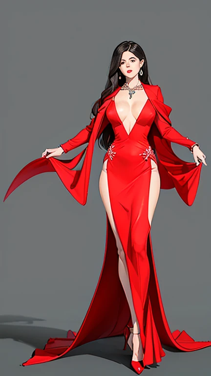 ((best quality,4k,highres,masterpiece:1.2)),((character concept art)), 1 female, Lucienne Chevalier, famed opera singer, confidant in matters of art and culture to the Marquis. Her captivating beauty is as enchanting as her voice. She subtly influences cultural circles and holds sway in decisions affecting the patronage of the arts, making her a potential asset or liability. ((intricate detail)), super finely detailed hands, ultra finely detailed fingers(((ten fingers))), wearing a Christian Dior Haute Couture Evening Gown in red with a deep v low cut design and a side slit. She is wearing a cinched Christian Dior Bar Jacket over her gown, creating an hourglass silhouette. Her outfit is accompanied by Christian Dior J'adior Slingback Pumps. She carries a Christian Dior Lady Dior Handbag, and a Christian Dior Mitzah Scarf tied gracefully around her neck. Her look is completed with Christian Dior Tribales Earrings. Her gaze is confident and alluring, reflecting her esteemed position and captivating personality, (standing gracefully), (full body showcase), (show full body), (no logos on background), (no logo), ((plain background)), ((plain background)), (((empty background))).