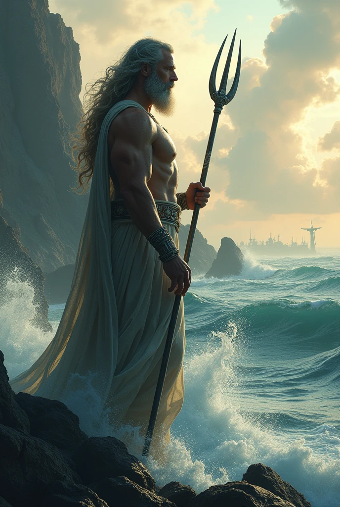 Poseidon looking towards the horizon, towards a mythological battlefield