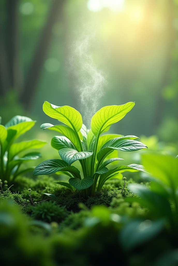 Create an image that demonstrates plant transpiration, stage of the water cycle, realistic image, that looks like the transpiration of plants that transforms into vapor that goes into the atmosphere