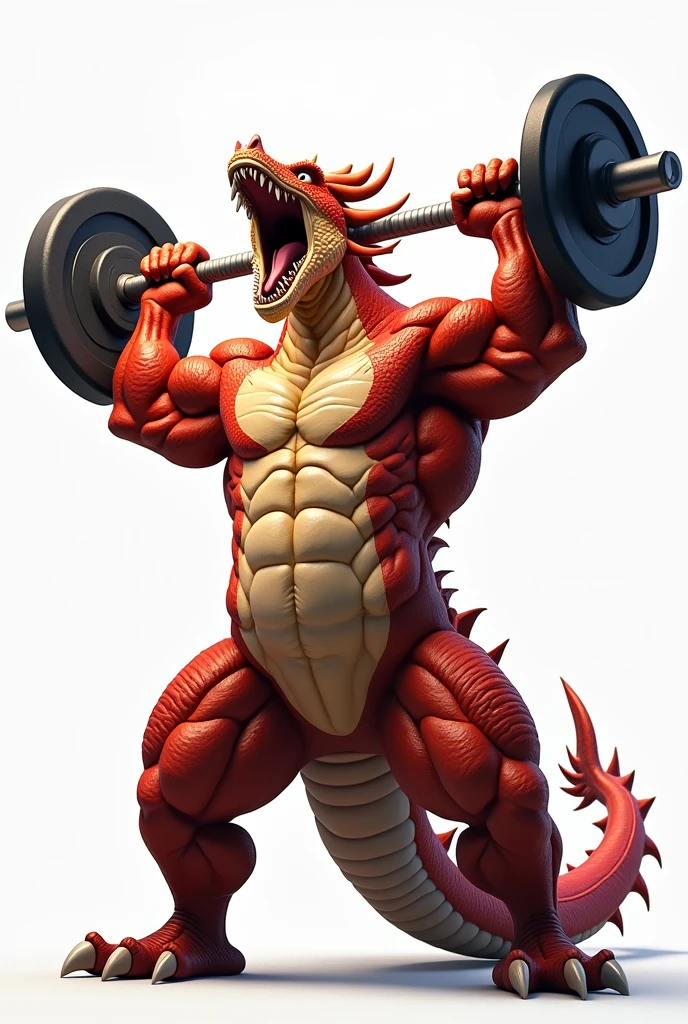 create an image of a dragon with an expression of effort, that he looks fat and muscular with weights in his raised hands and a white background, but excited, that can be seen from the waist up
