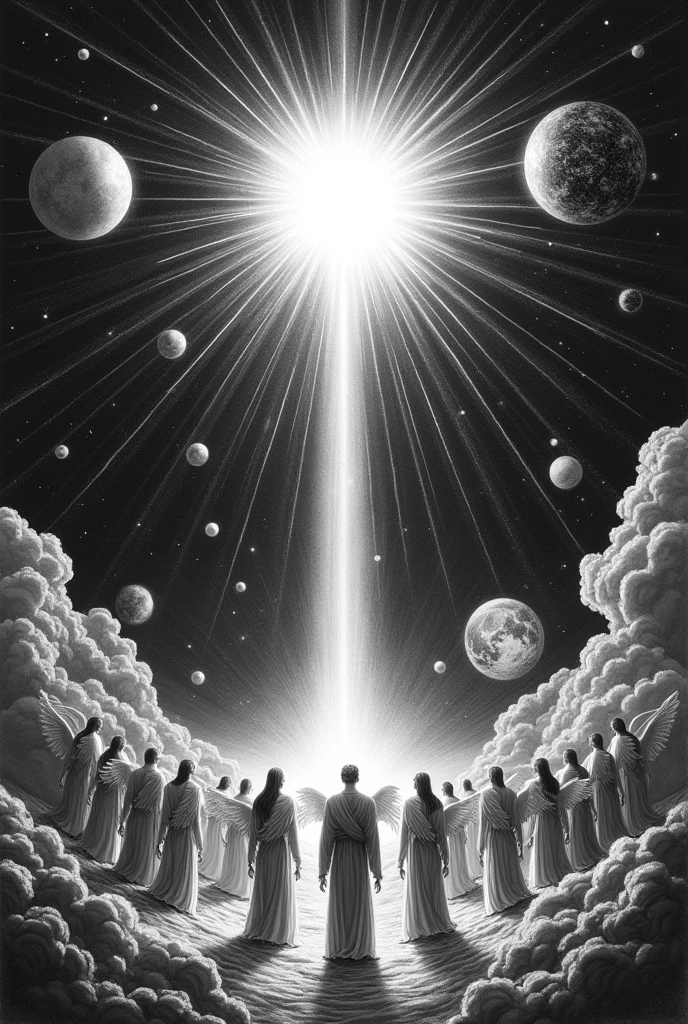 Make a black and white drawing of the third heaven of paradise from the story of the divine comedy