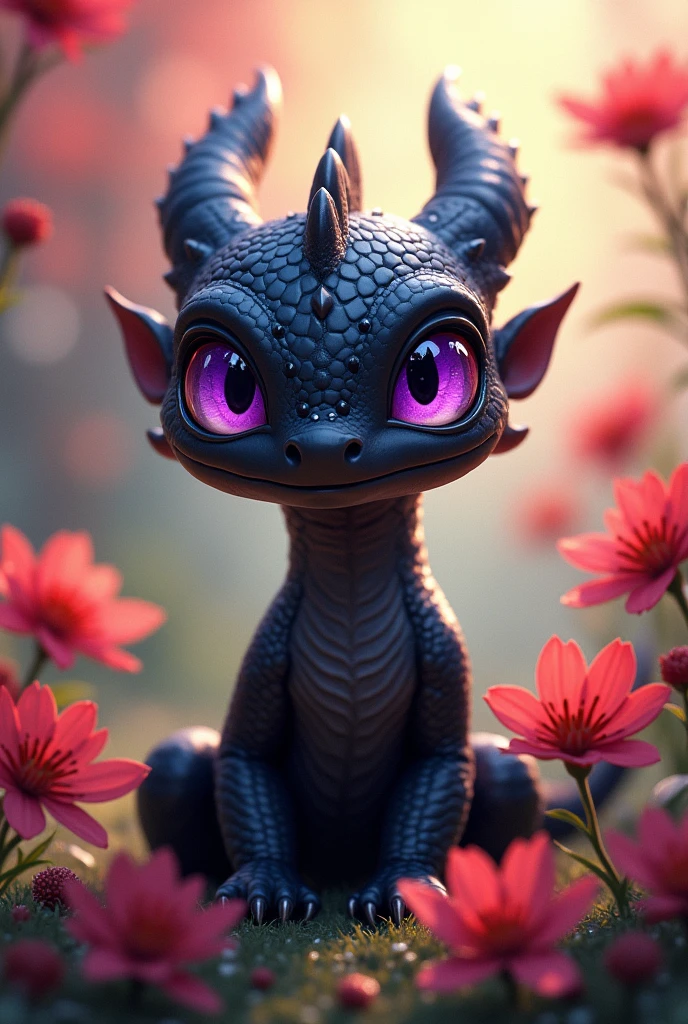 A baby black dragon with purple gradient eyes sitting eating Japanese higanbana flowers