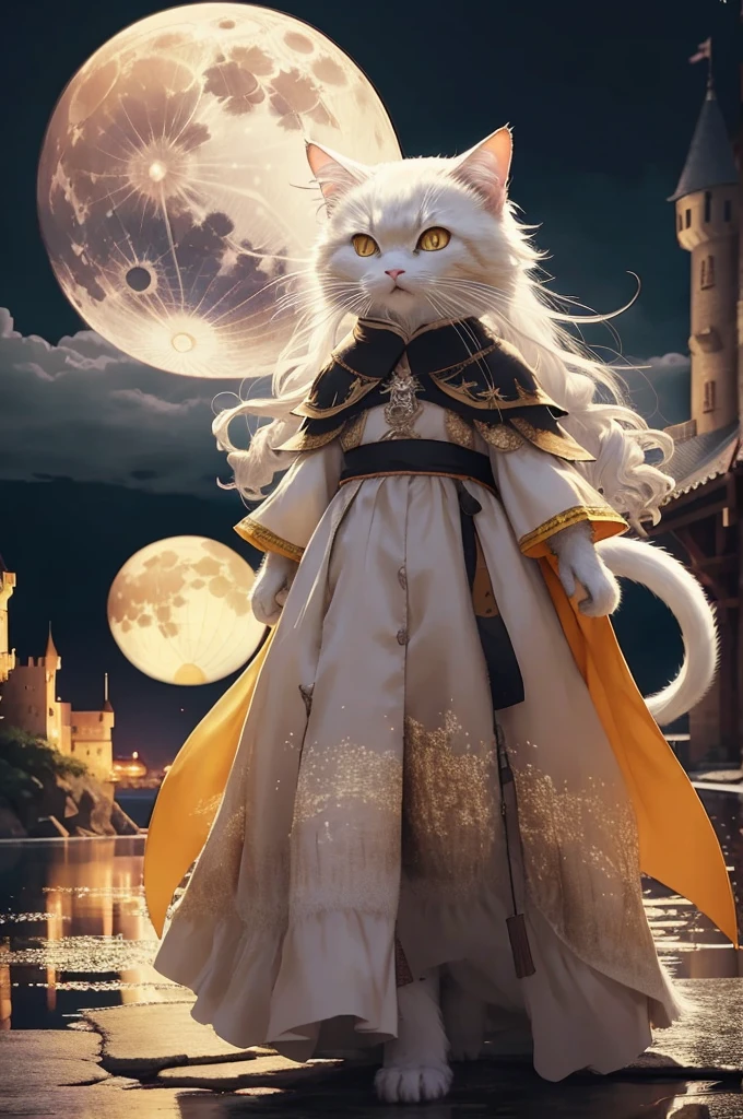 HDR,uhd,8k,Highly d surrounded by floating sakura, yellow full moon, beautiful detailed dark midnight sky, messy white long hair,
Old castle can be seen　An anthropomorphic cat wearing a bluedress
