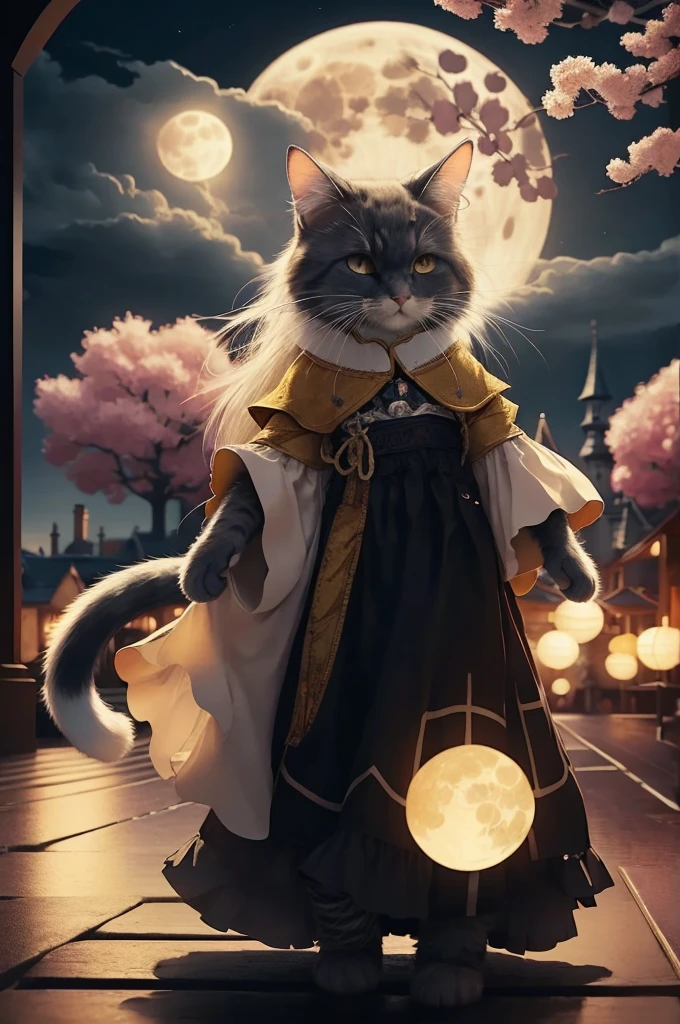 HDR,uhd,8k,Highly d surrounded by floating sakura, yellow full moon, beautiful detailed dark midnight sky, messy white long hair,
Old castle can be seen An anthropomorphic cat wearing a bluedress