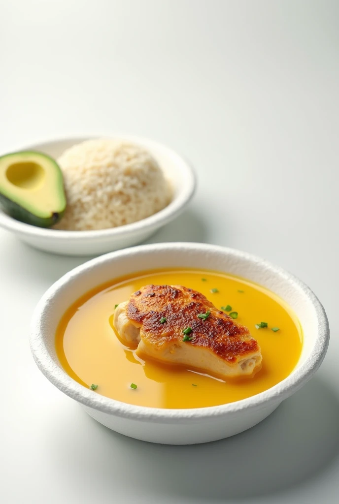 (photorealism:1.2), improve image deep white styrofoam plate with yellow soup with only a portion of cooked chicken on top of the soup , Next to it a separate styrofoam plate with rice and a portion of avocado. There are two separate plates, one with the soup and the other with the rice and the piece of avocado.