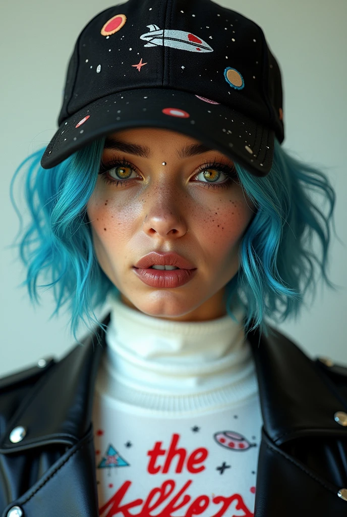 A girl with short, wavy hair dyed blue, brown skin with some freckles on the nose and cheeks, with the face of actress Zoe Kravitz , with yellow eyes, e um piercing no labio, wearing a black cap with a spaceship print, a white turtleneck shirt with the words "The ers" in red and a black leather jacket on top