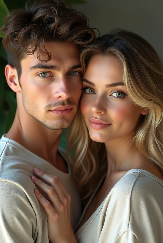 (Photorealism:1.1) a couple man brown hair and brown eyes together with a woman blonde green eyes long hair 8k ultra realistic super detailed