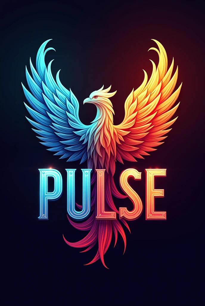 A logo with the name Pulse with an animal that is the phoenix, with a popular style and that ties in with the name, I need it to be more striking with an extroverted font style that says pulse and the letters to be a different color each but that combines, Do the same thing but the letters are blue and red like the phoenix