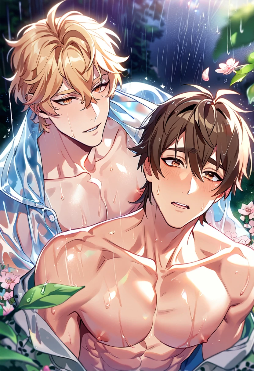 absurdres, highres, ultra detailed, HDR, master piece, best quality, extremely detailed, detailed eyes, detailed face, Quincy, blonde hair, expressive orange eyes, Nu Carnival, Eiden, brown hair, expressive brown eyes, two sexy men together, yaoi, gay couple, handsome, horny, lewd, wet, light-blue transparent rain coat, transparent black rain coat, nipples, spring, flowers, green leaves, magical forest, dark fantasy, rain, night