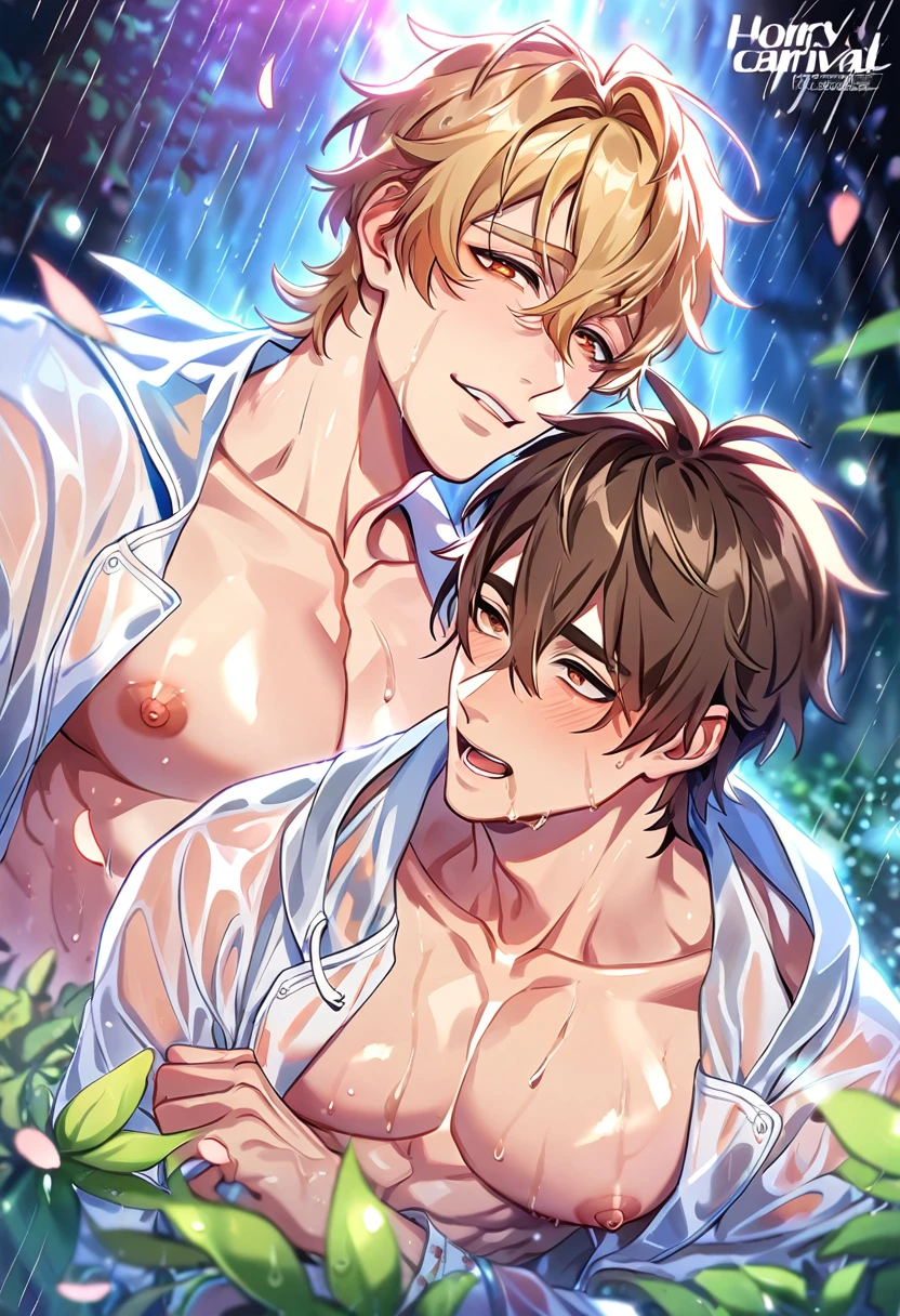 absurdres, highres, ultra detailed, HDR, master piece, best quality, extremely detailed, detailed eyes, detailed face, Quincy, blonde hair, expressive orange eyes, Nu Carnival, Eiden, brown hair, expressive brown eyes, two sexy men together, yaoi, gay couple, handsome, horny, lewd, wet, light-blue transparent rain coat, transparent black rain coat, nipples, spring, flowers, green leaves, magical forest, dark fantasy, rain, night