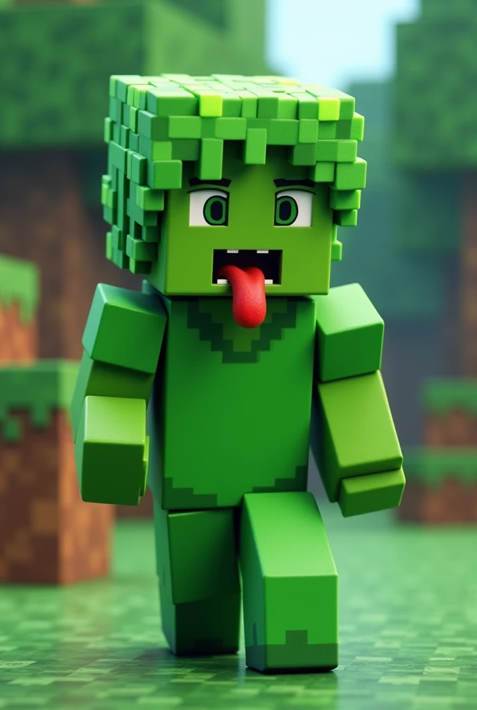 Minecraft character green skin green hair square hat open mouth with red tongue green jumpsuit with