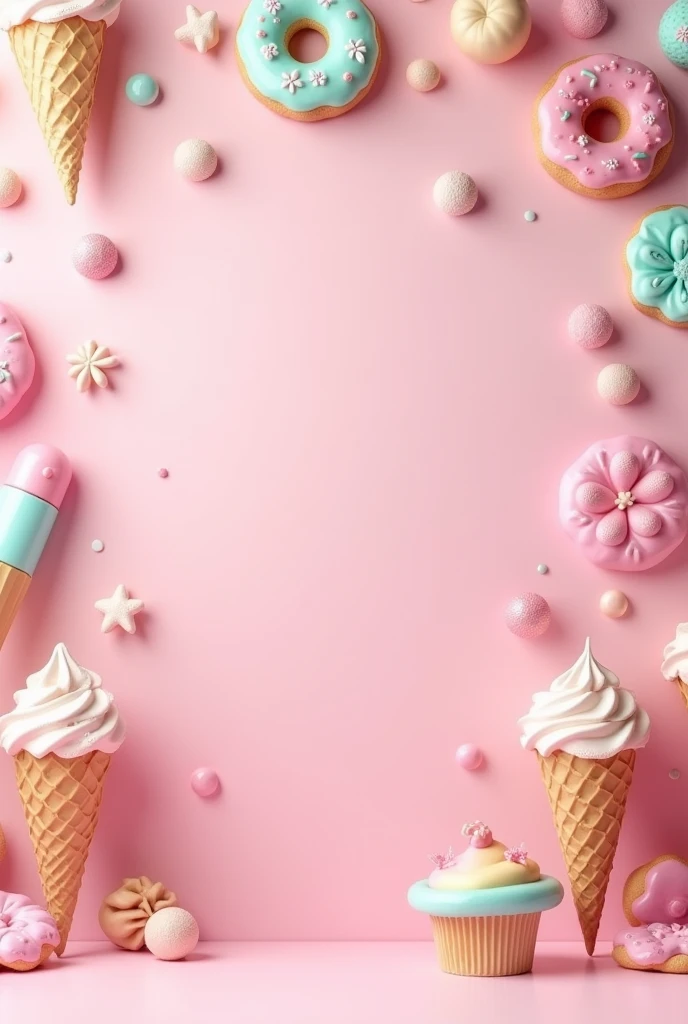 I want to create a photo scenario.  Closed location with photo backdrop for a children&#39;s clothing campaign. Light candy pink wall with candy decoration. Donuts, cupcake, candies, lollipops, ice creams. The decoration is very playful and fun, with soft and light colors. 

Very light colors, mais cor baby