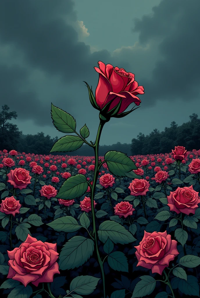  A withered rose in a dark field full of roses in manga version
